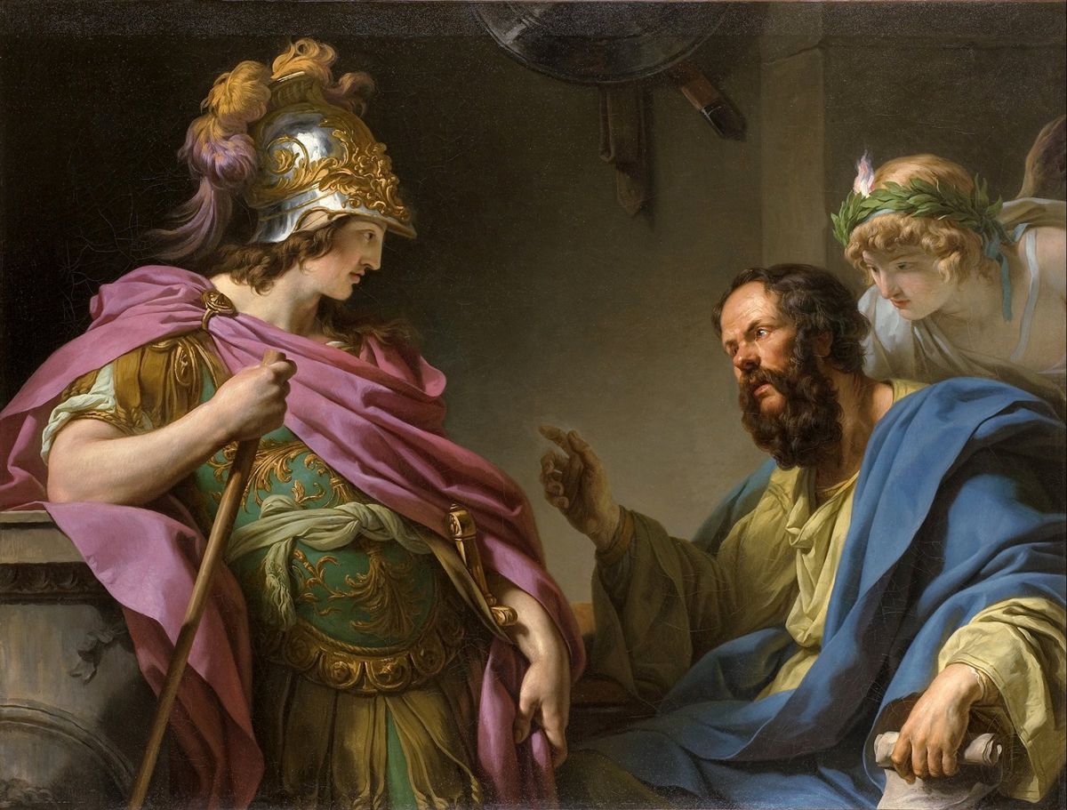 Vincent's Alcibiades Receiving the Lessons of Socrates: the old philosopher, seated, presses a point on the young man before him
